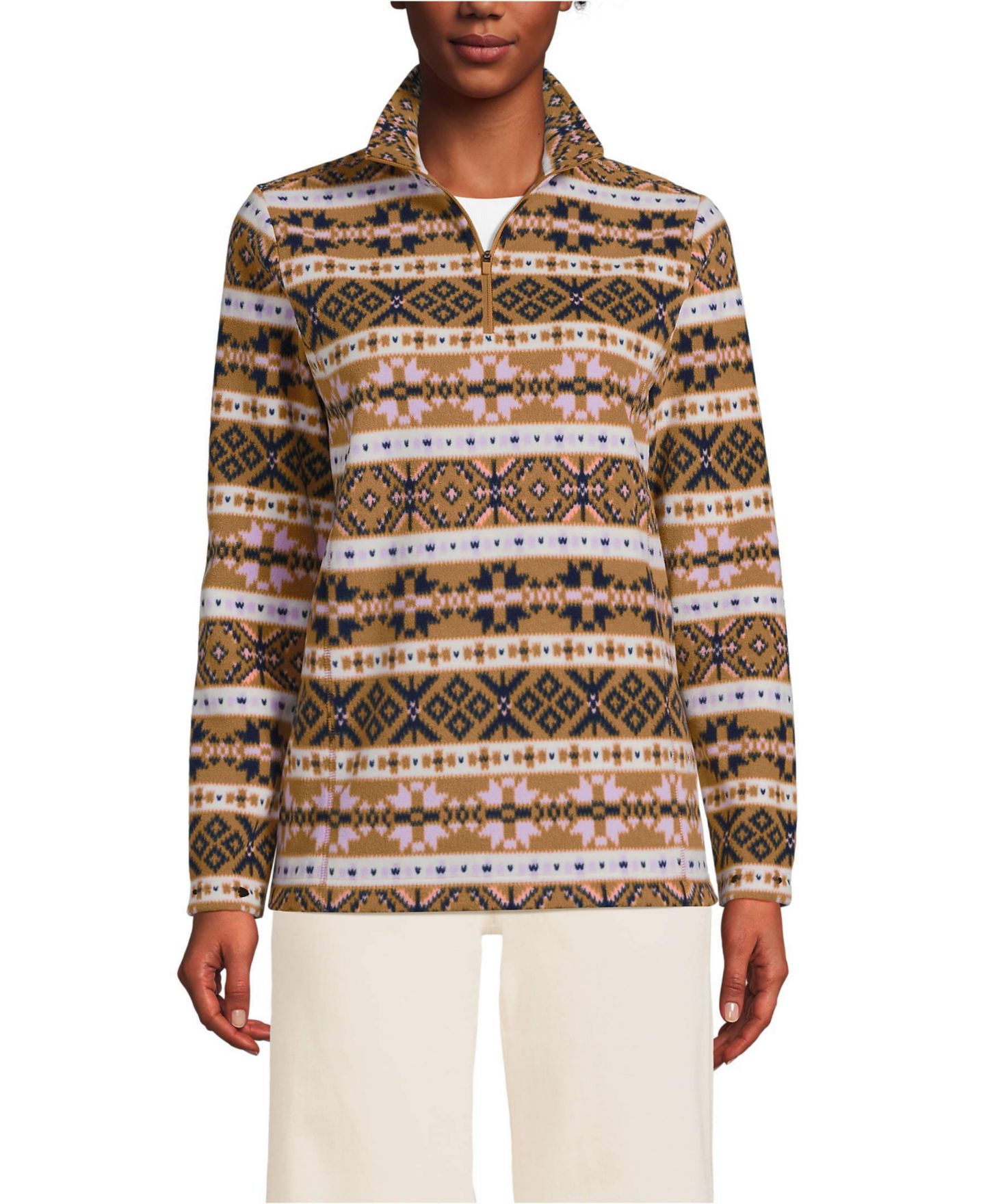 Женские свитеры Lands' End Outerwear Coats Petite Anyweather Fleece Quarter Zip Pullover, цвет: Сиреневый / Верблюжий — фото 1