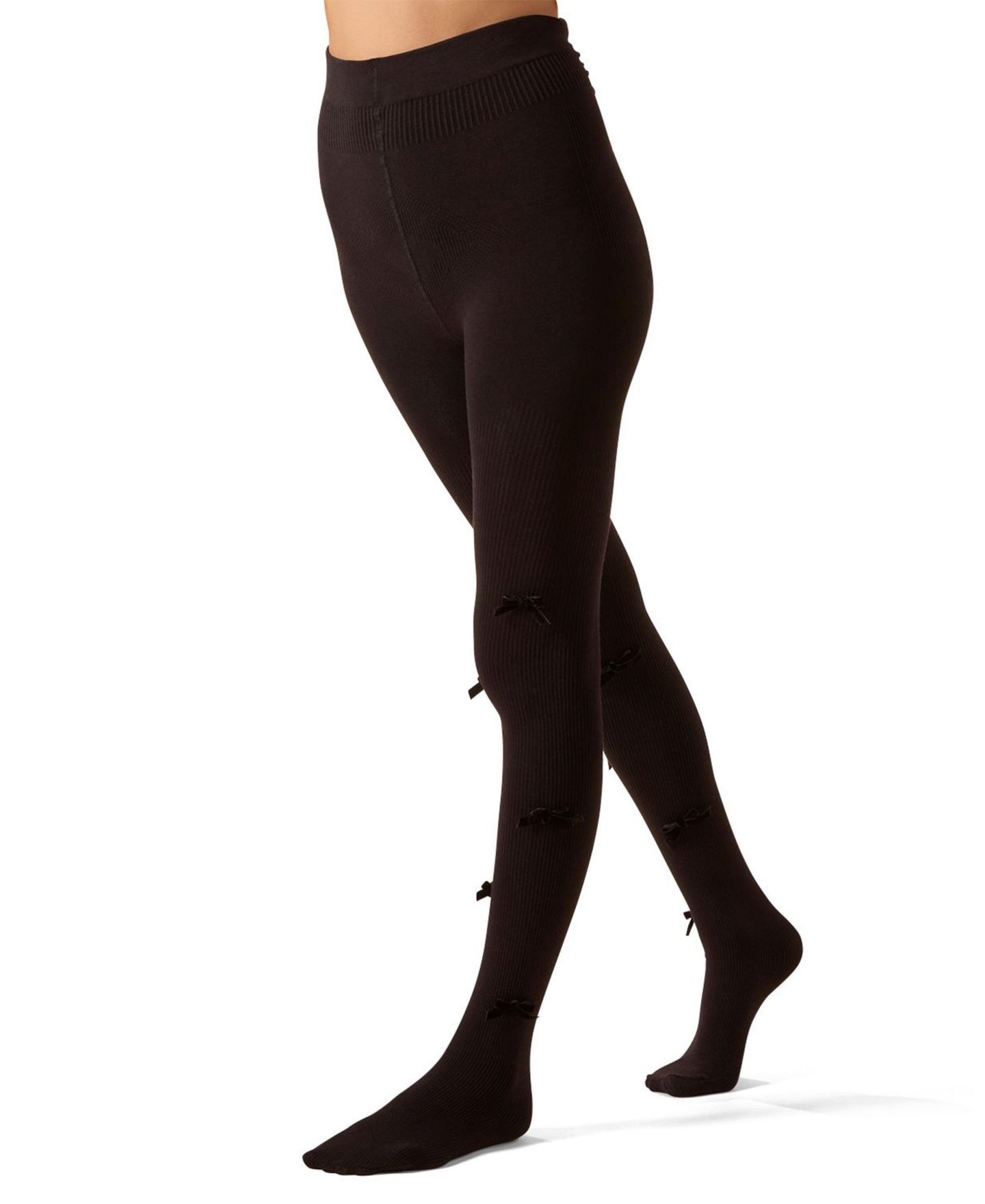 Женские колготки MeMoi Ribbed Velvety-Bow-Trimmed Cotton Blend Tights, цвет: Чёрный — фото 3