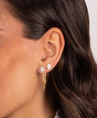 Cubic Zirconia Gold Plated Double Flower Chain Stud Earrings