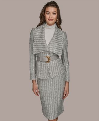 Women's Draped Lapel Collar Belted Sequin Detail Jacket