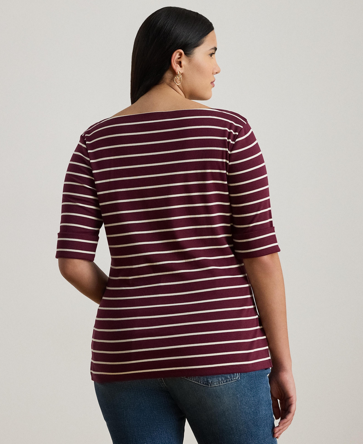 Ralph Lauren Plus Size Striped Stretch Boat Neck T-shirt In Burgundy