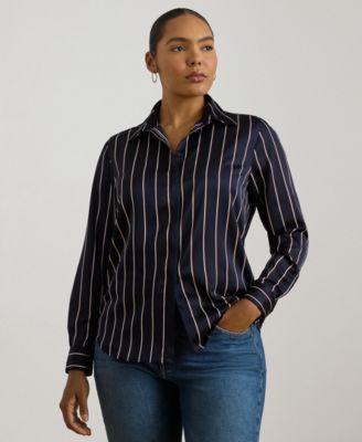 Lauren Ralph Lauren - Plus Size Striped Charmeuse Long-Sleeve Shirt