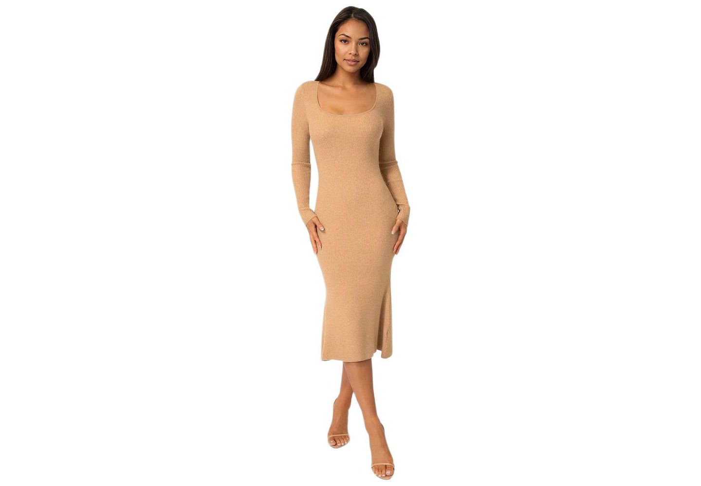 Женское платье Bebe Long Sleeve Scoop Neck Sweater Midi, цвет: Верблюжий — фото 1