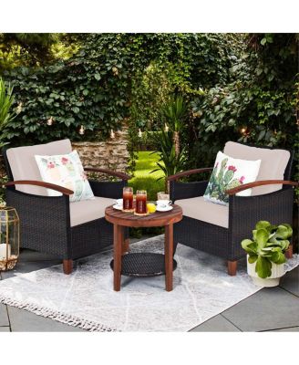 3 Pieces Patio Wicker Furniture Set with Washable Cushion and Acacia Wood Tabletop