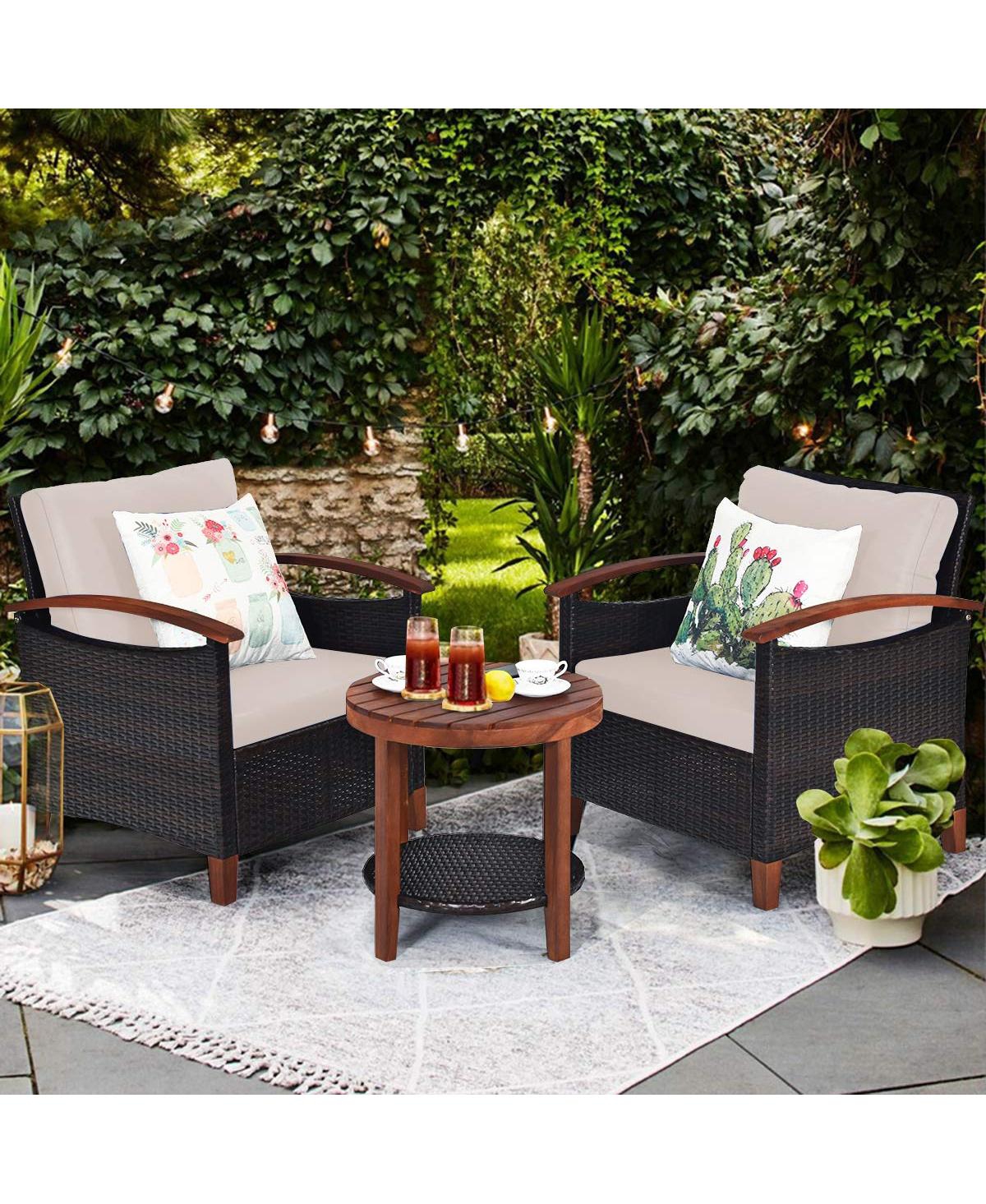 Sugift 3 Pieces Patio Wicker Furniture Set with Washable Cushion and Acacia Wood Tabletop