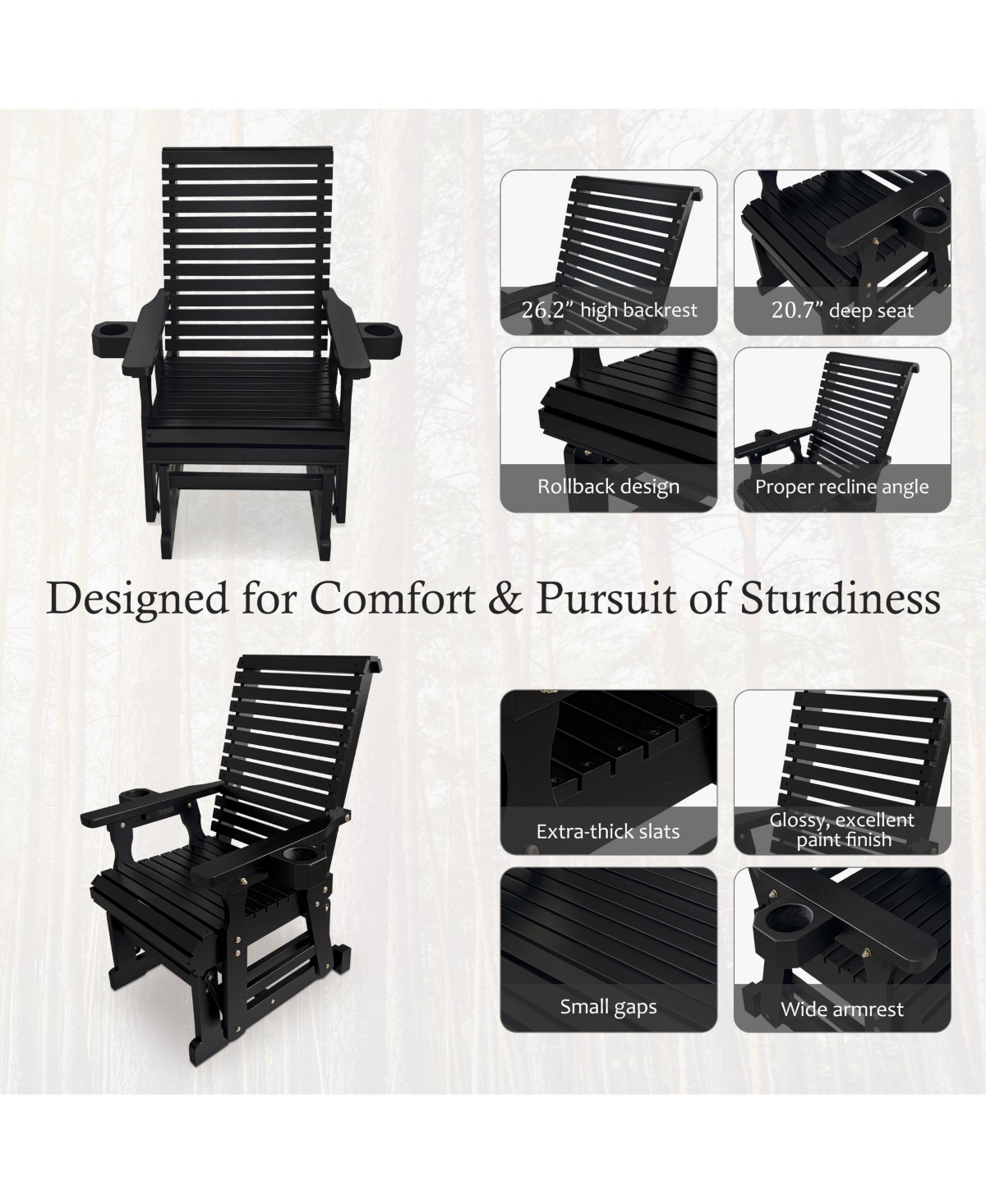 Mega Casa Patio Glider with Cup Holders, High Roll Back and Deep Contoured Seat, Heavy Duty 600 Lbs (1-Seater)