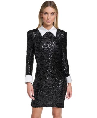 Petite Social Sequin Long-Sleeve Shirt Collar Dress
