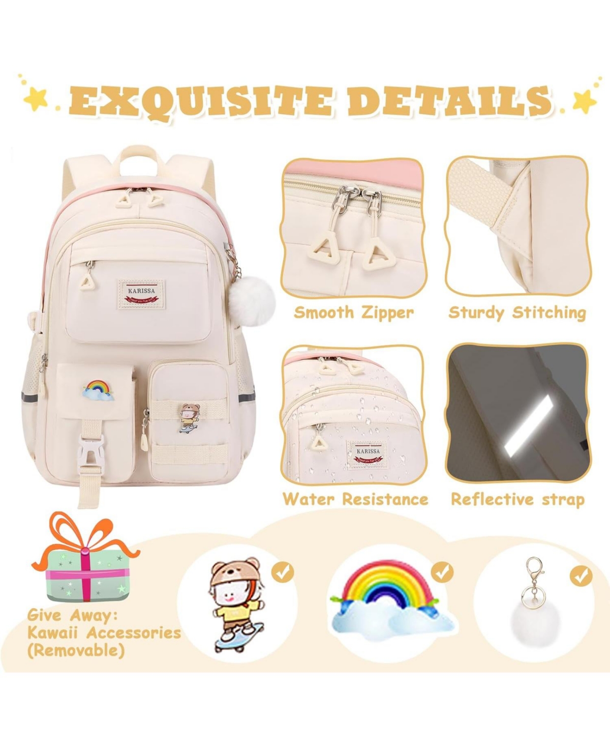 Batfox Girls Backpack 3 Pcs Set Multiple Pockets