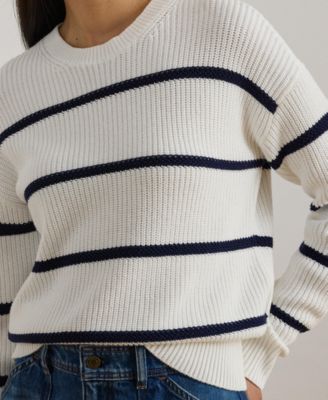 Women's Striped Rib-Knit Cotton Crew Neck Sweater
