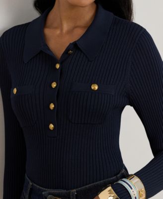 Women's Rib-Knit Long-Sleeve Polo Sweater