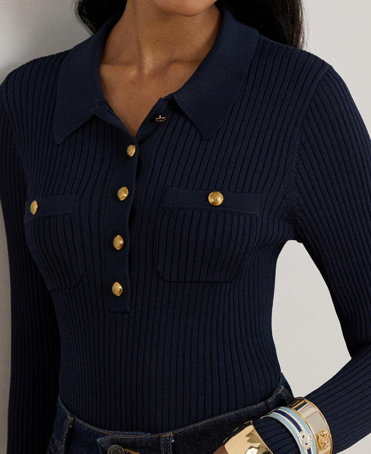 Ralph Lauren Women's Rib-knit Long-sleeve Polo Sweater In Blue