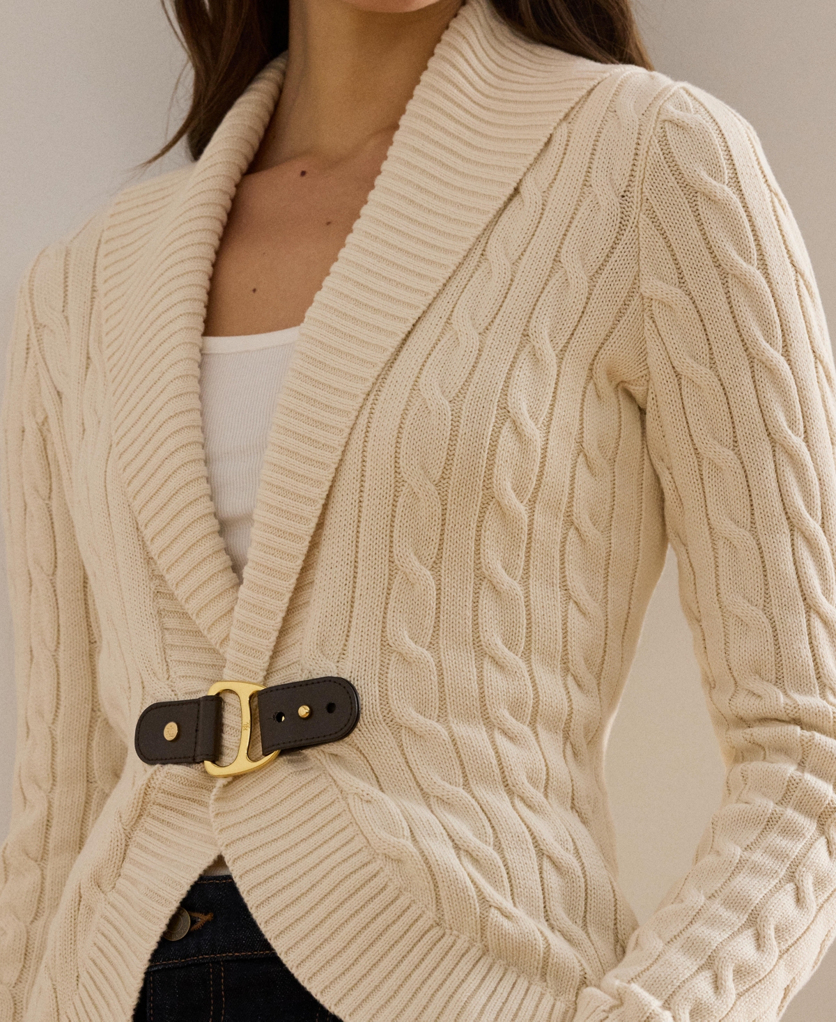Ralph Lauren Lauren  Gassed Cable Stitch Belted Cardigan In Multi
