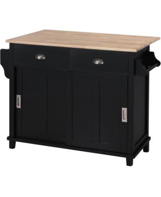 Rubber Wood Kitchen Cart with Drop Leaf, Sliding Barn Door and 2 Drawers