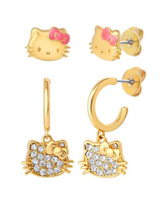 Earring Set, 2-Pair, Gold-Tone Studs & Pave Dangle Hoops