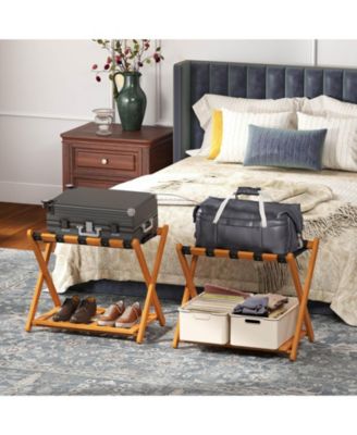 Luggage Racks Set of 2 with Storage Shelf &amp; 5 Nylon Straps Luggage Holder