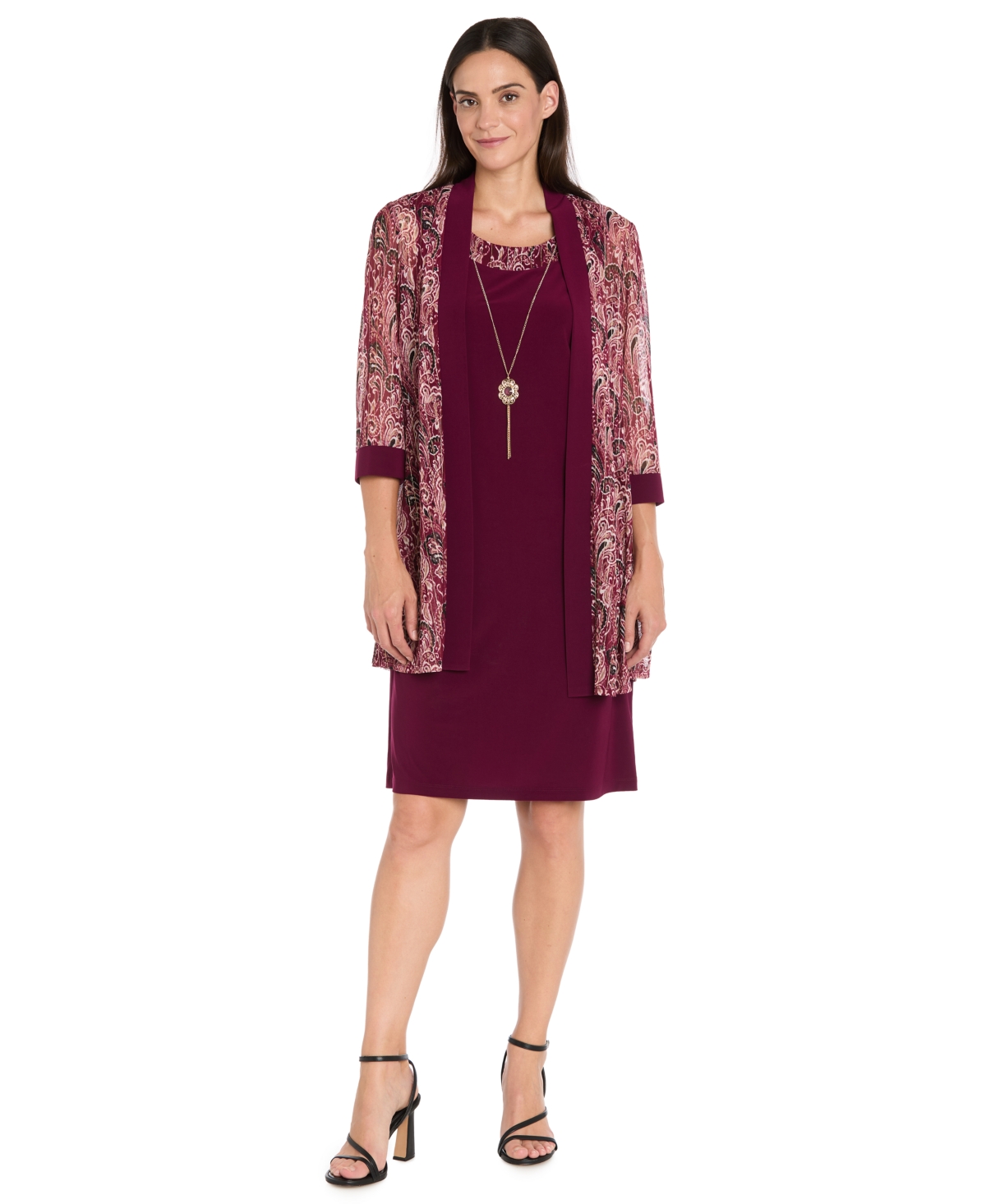 R & M Richards Women's 2-Piece Paisley Printed Jacket with Necklace and Dress