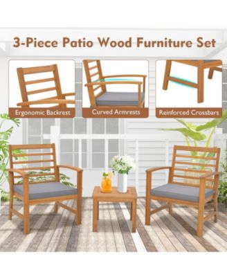 3PCS Furniture Set Acacia Wood Conversation Set w/ Soft Seat Cushions Outdoor Gray