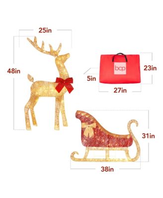 Lighted 2D Reindeer & Sleigh Set Outdoor Decor w/ Warm White LED Lights