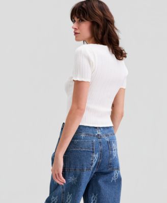 Women's Pointelle Short-Sleeve Sweater