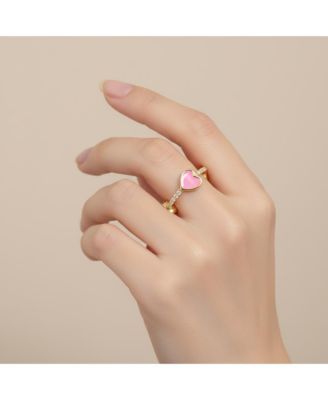 Girls/Teens Sterling Silver 14K Gold Plated with Cubic Zirconia Colored Enamel Heart Stacking Ring
