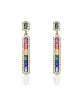 Sterling Silver 14K Gold Plated Multi-Colored Cubic Zirconia Linear Dangle Earrings