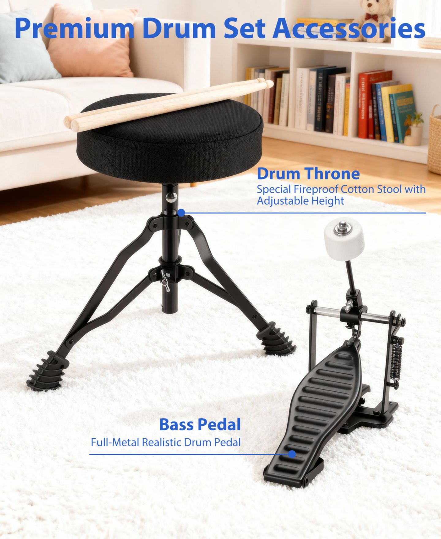 Детские игрушки SUGIFT 3-Piece Kids Drum Set with Adjustable Stool, Bass Pedal & Cymbal – Realistic Junior Drum Kit for Ages 3+ — фото 6