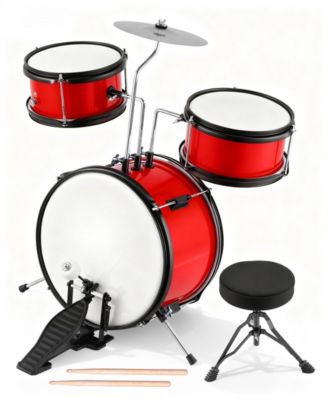 3-Piece Kids Drum Set with Adjustable Stool, Bass Pedal & Cymbal – Realistic Junior Drum Kit for Ages 3+