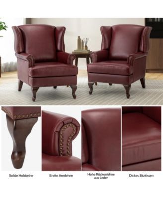 Helmuth Genuine Leather Wingback Armchair with Solid Wood Legs