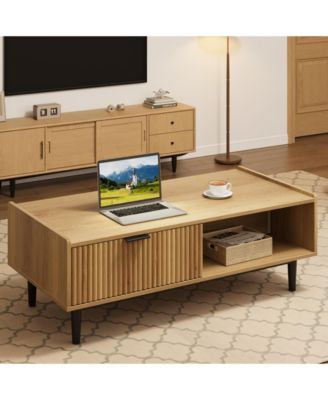 2-Tier Light Wood Coffee Table with Drawers – Fluted Accent Cocktail Table