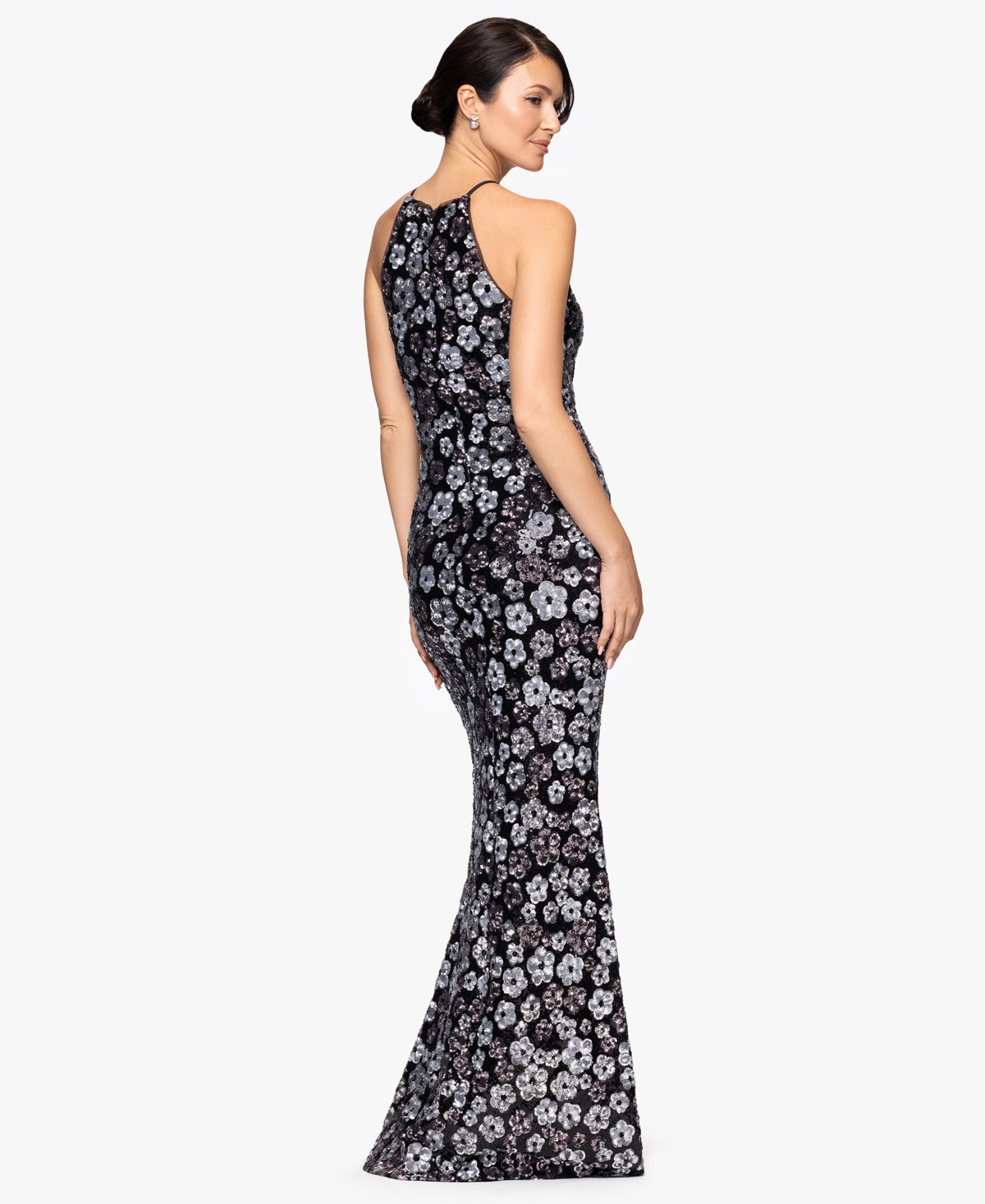 Betsy & Adam Petite "denise" Sequin Flower Pattern Floor Length Dress In Black
