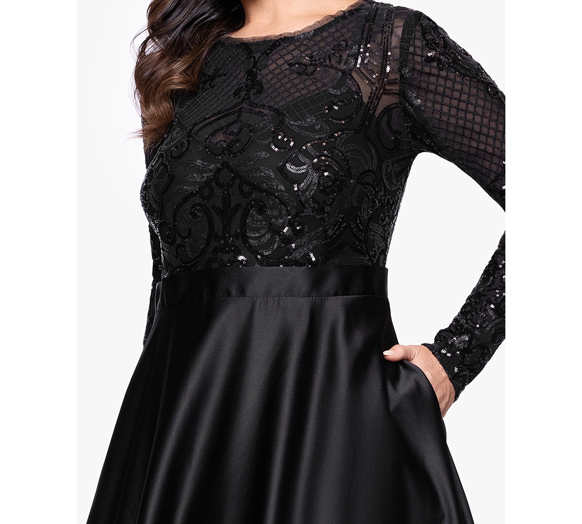 Betsy & Adam Plus Size Sequin Long-sleeve Ball Gown In Black