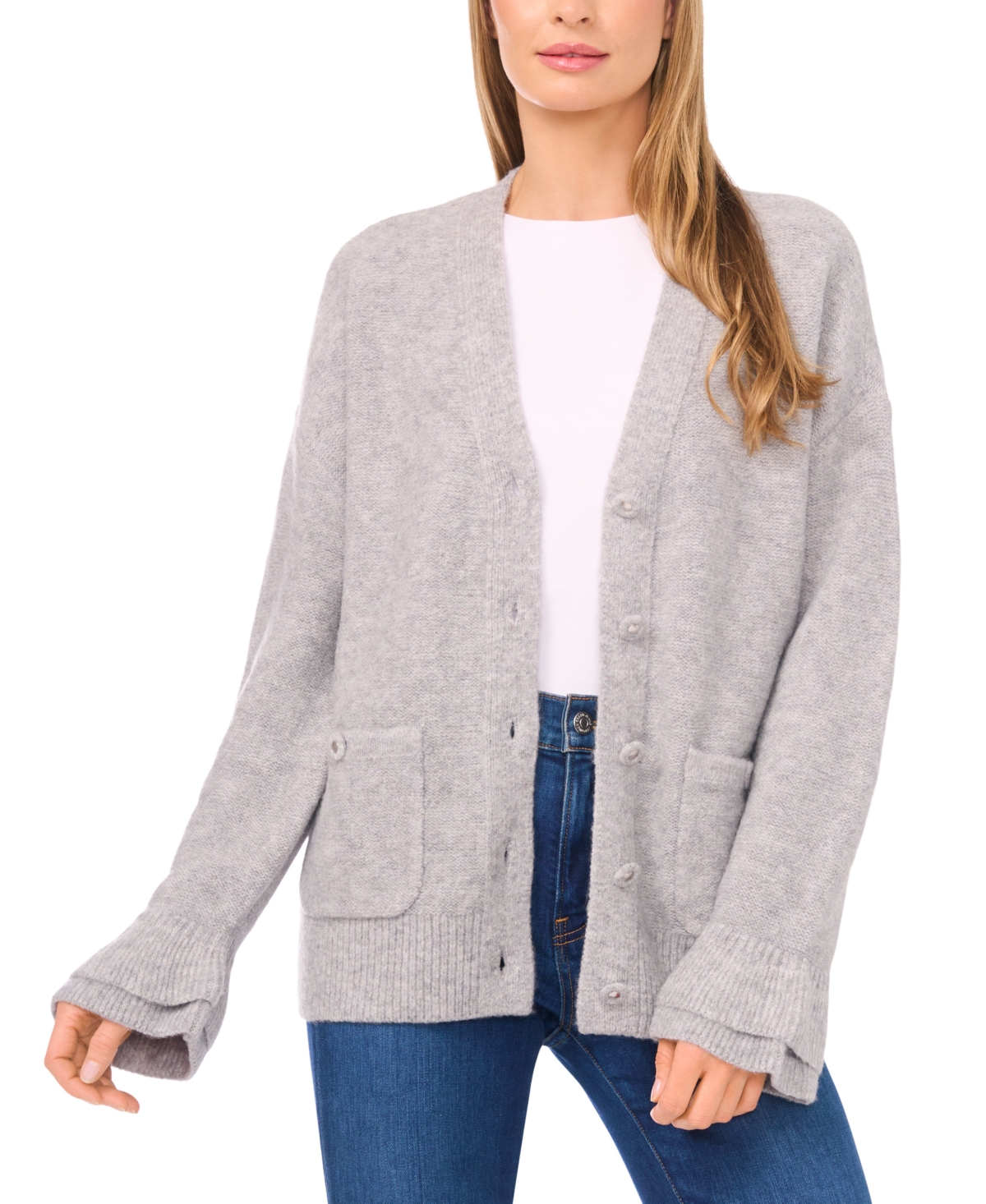 CeCe Women's V-Neck Ruffle Cuff Cardigan Sweater