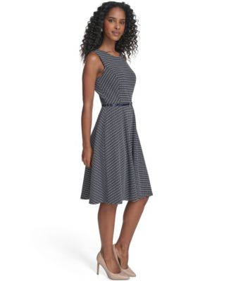 Women's Sleeveless Pick Stitch Knit Belted Midi Dress