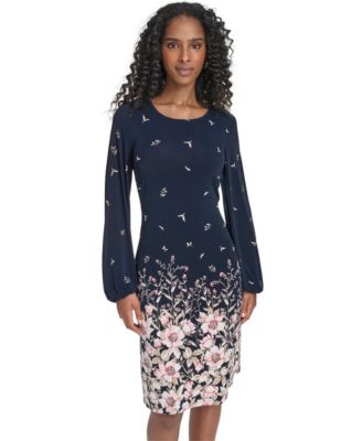 Women's Balloon-Sleeve Border Print Jersey Shift Dress