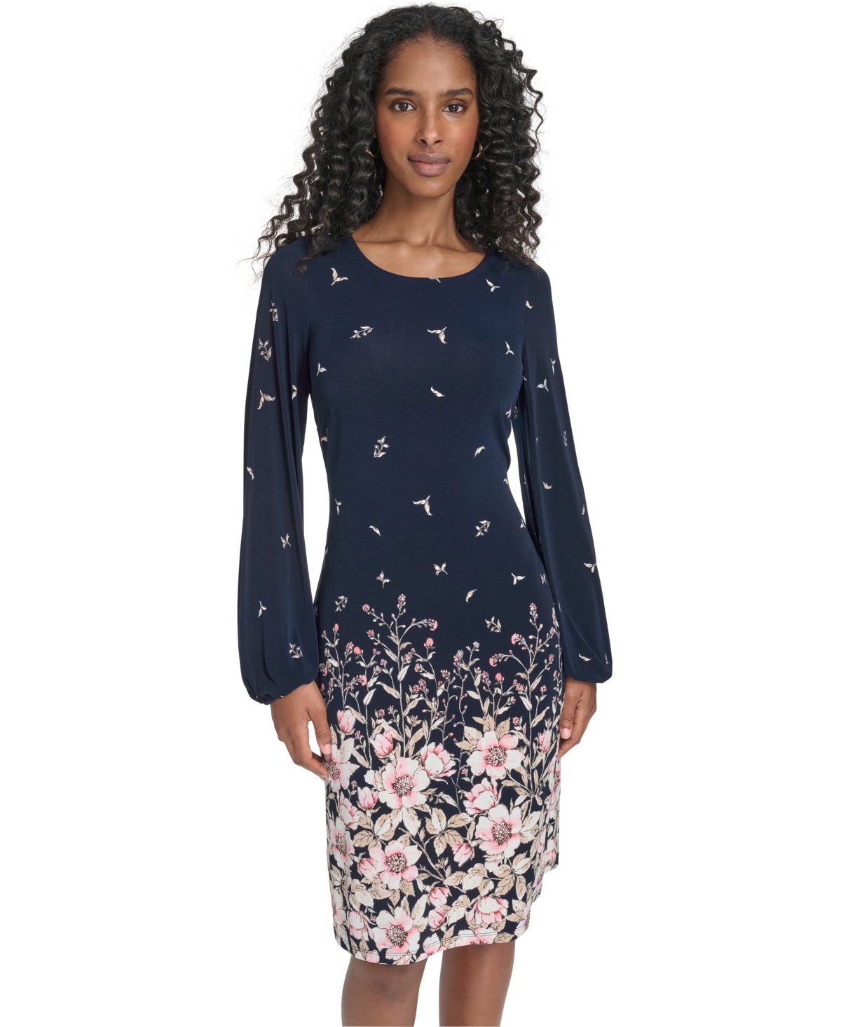 Tommy Hilfiger Women's Balloon-sleeve Border Print Jersey Shift Dress In Blue