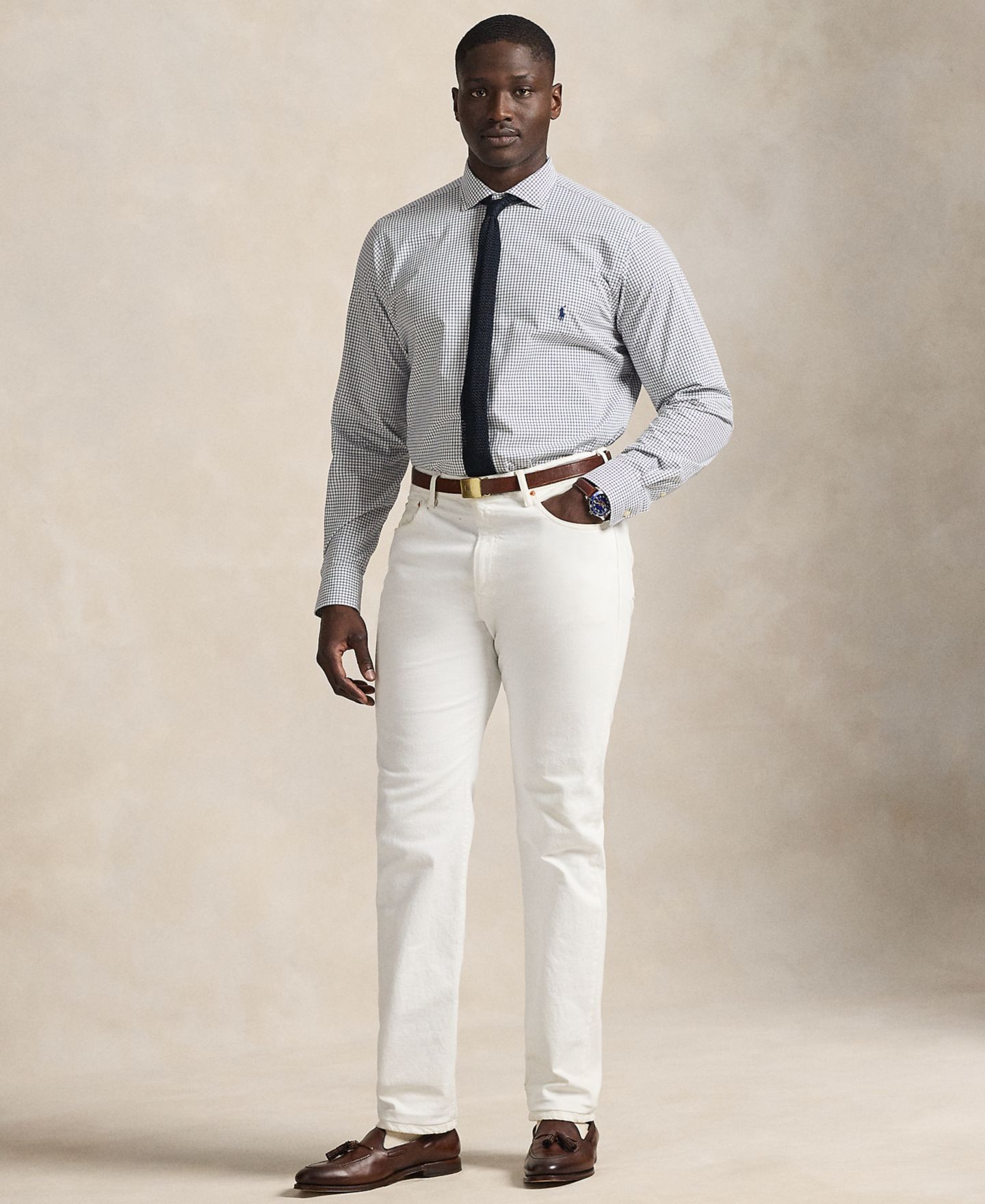 Мужская рубашка Polo Ralph Lauren Big & Tall Plaid Stretch Poplin, цвет: Белый тёмно-синий — фото 2