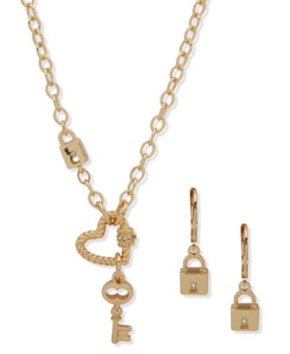 Anne Klein - 2-Piece Plastic Glass Stone Linked Heart, Lock, Key Necklace and Earrings Set