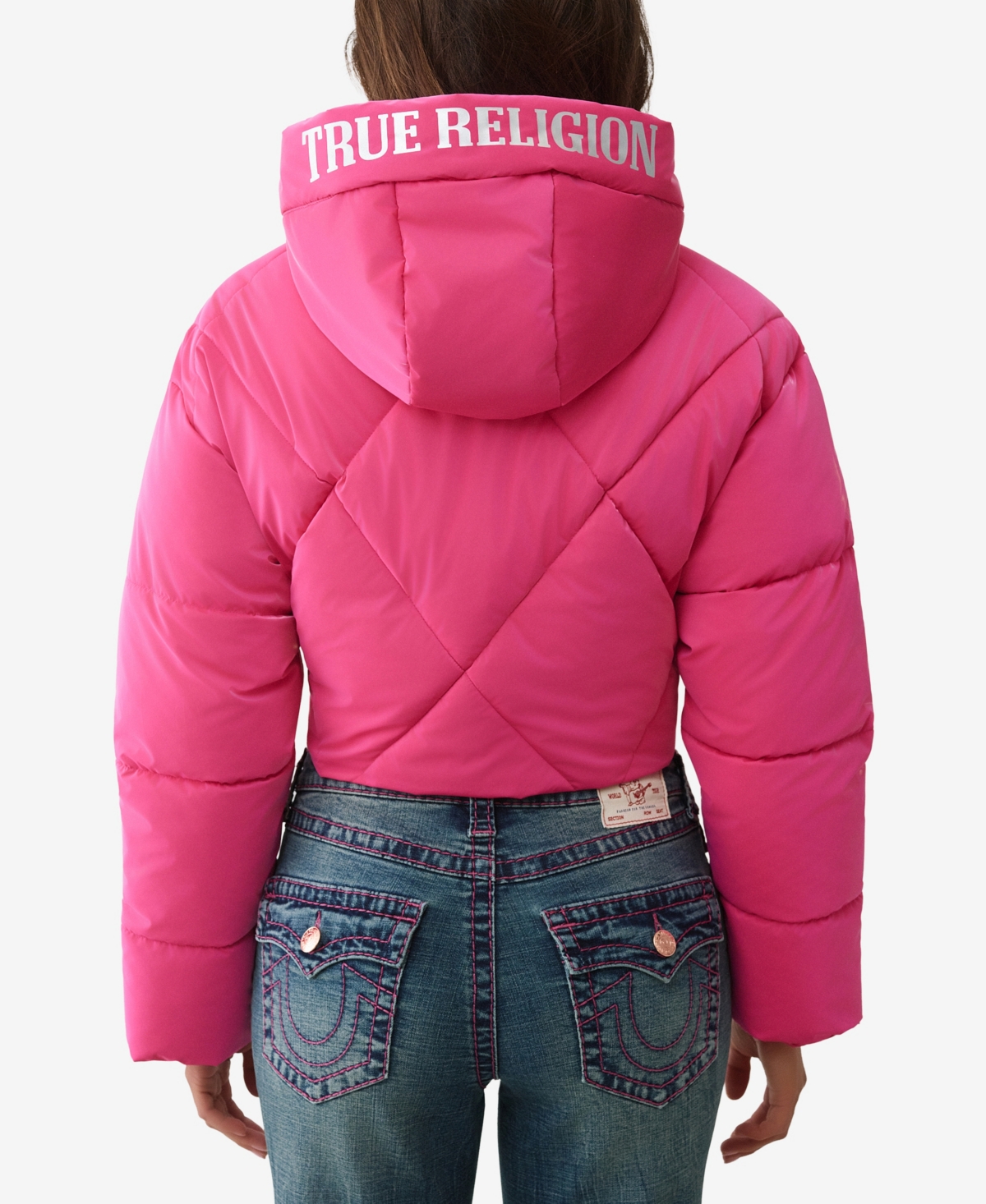 True Religion Women's High Shine Foil Hooded Puffer Jacket