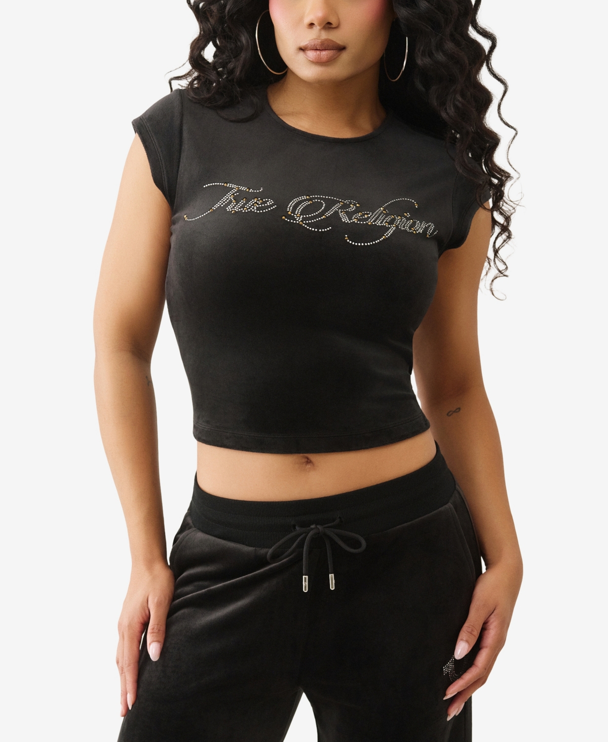 True Religion Women's Short Sleeve Crystal Velour Baby T-Shirt