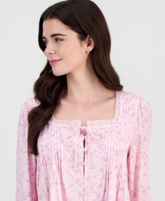 Juniors' Lace-Trim Floral-Print Pintucked Top