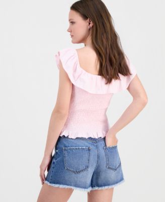 Juniors' Ruffled Smocked Scoop-Neck Top