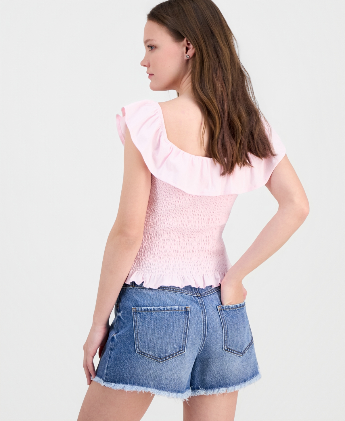 Just Polly Juniors' Ruffled Smocked Scoop-Neck Top