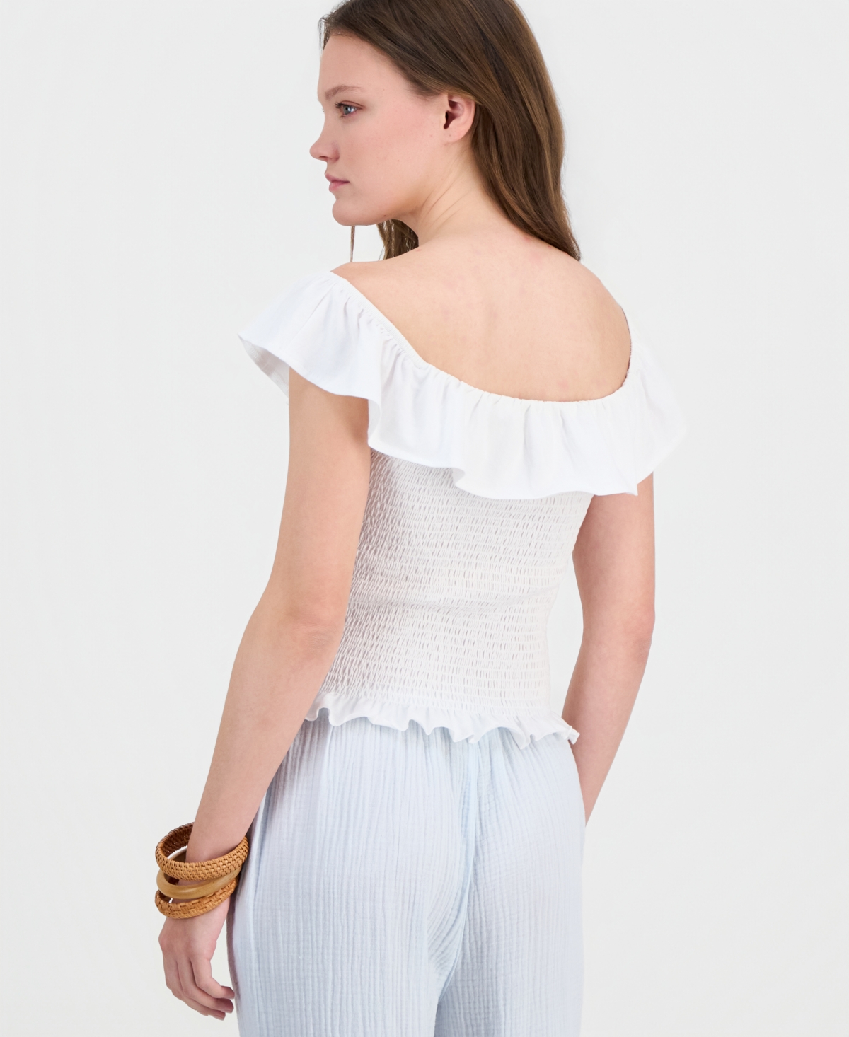 Just Polly Juniors' Ruffled Smocked Scoop-Neck Top