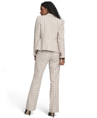 Tommy Hilfiger Womens Plaid Puff Sleeve One Button Blazer Jacket Plaid Bootcut Trousers Clip Dot Pleated Bib Top In Gray