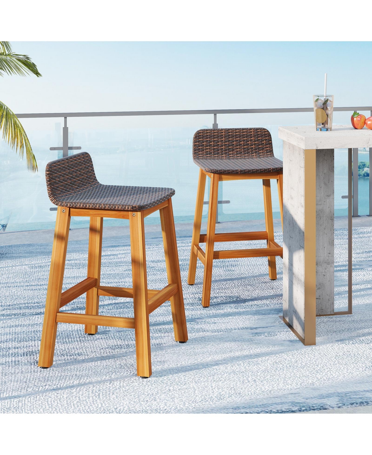 Gymax Solid Acacia Wood Bar Stools Set of Rattan Bar Height Patio Chairs for Porch