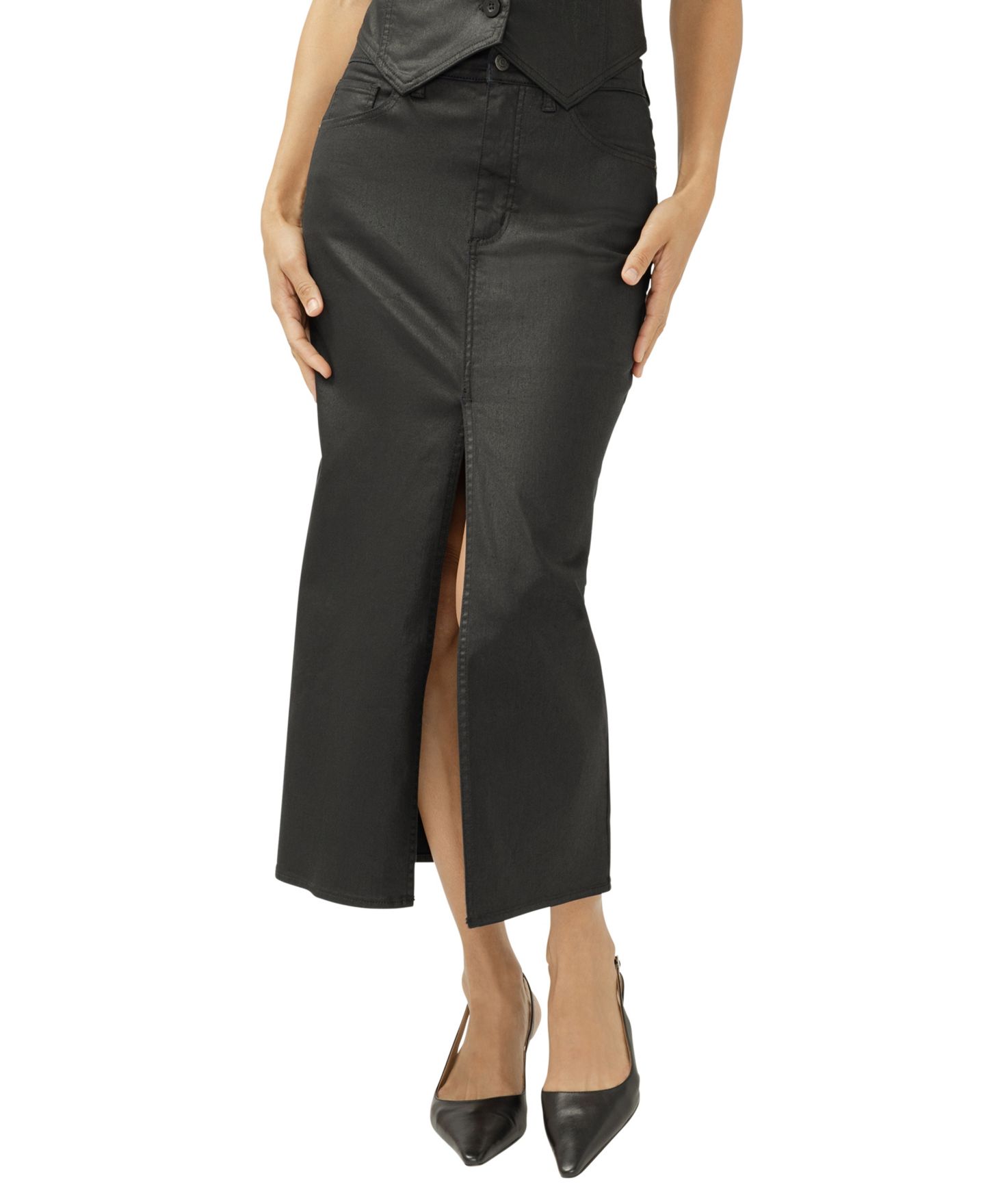 Женская юбка Silver Jeans Co. Coated Front-Slit Midi, цвет: Чёрный — фото 1