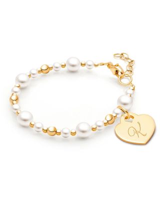 14K Gold Dainty Pearls and Engraved Initial Bracelet