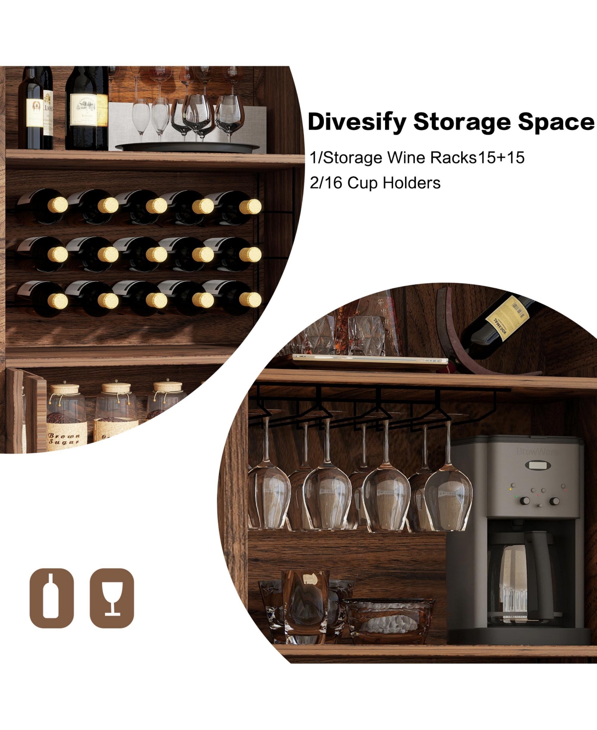 Casainc 71" Farmhouse Arched Bar Cabinet with Wine Rack, Glass Holder, Whiskey Station for Living & Dining Rooms