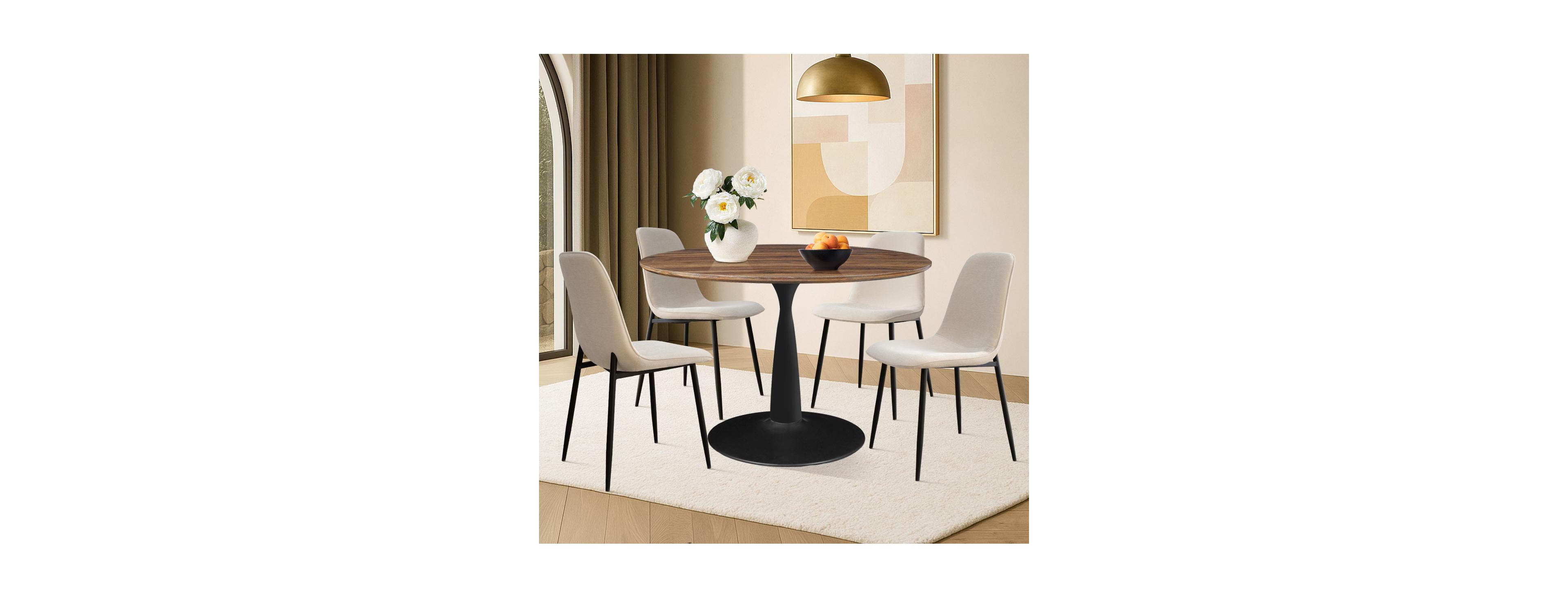 Maison Boucle 5-Piece Round Dining Table Set with Metal Base and Walnut Top, Modern Kitchen Chairs for 4, Space-Saving Small