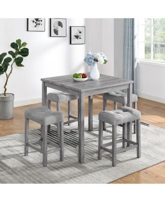 5-Piece Counter Height Dining Table Set with Upholstered Stools, Wood Grain MDF Top and Solid Wood Legs, Space-Saving Table Set